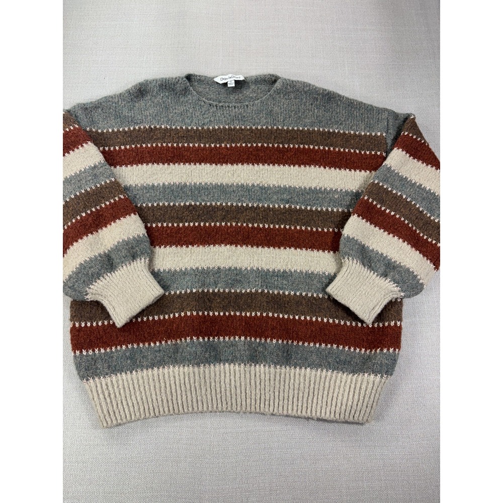 Davi & Dani Women's Knit Sweater Gray Brown Cream Striped Size Small
